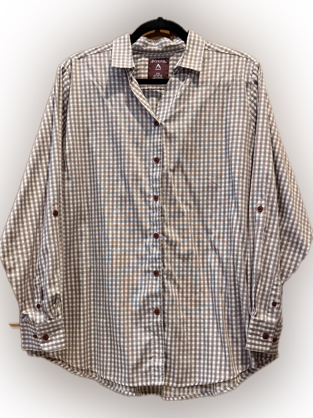 Antigua Women’s Red/White Gingham Buttondown Blouse Roll Tab Long Sleeve, Sz 2XL